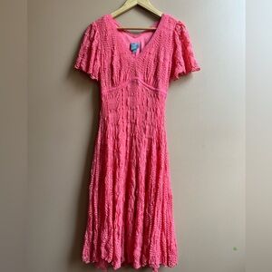 Vintage Rabbit Rabbit Rabbit Coral Pink Lace/Textured Midi DressW/Flutter Sleeve